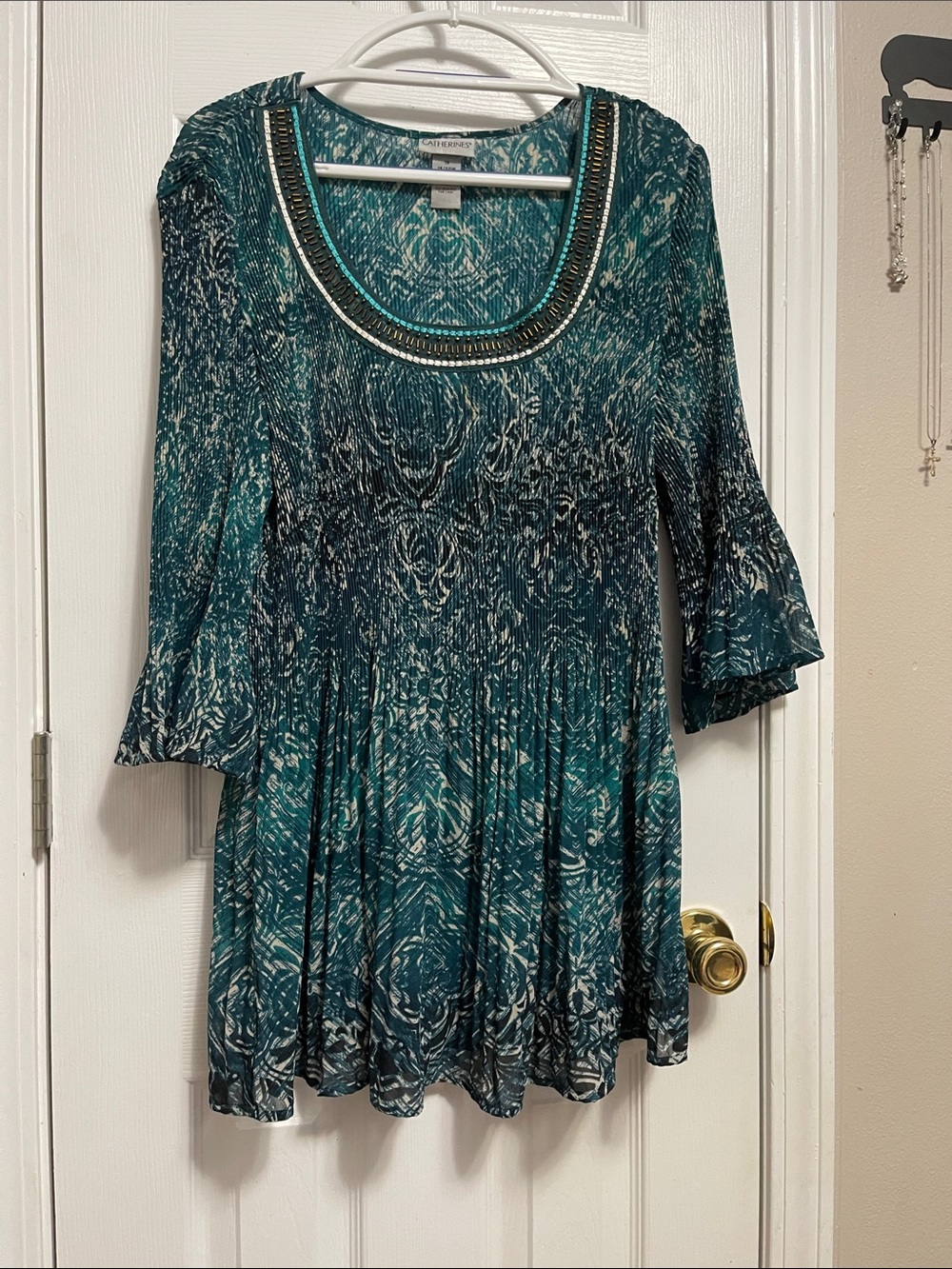 Catherines Teal Patterned Scoop-Neck Tunic with Beaded Trim